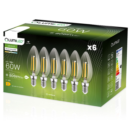 6x Žárovka LED Svíčka B35, E14 7W = 60W 806lm 4000K neutrální bílá 360° Filament LUMILED