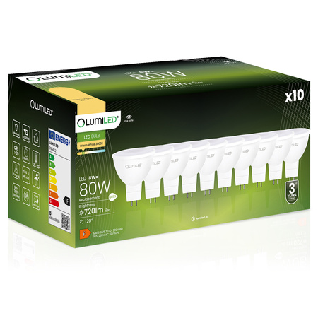 10x Žárovka LED GU5.3, MR16 8W = 80W 720lm 3000K Teplá bílá 120° 230V LUMILED