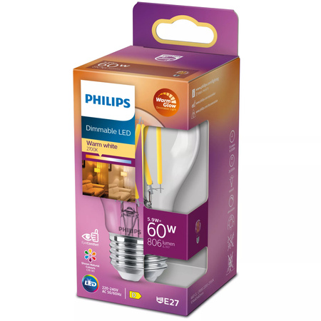 LED žárovka E27 A60 5.9W = 60W 806lm 2700 Teplá bílá Filament PHILIPS Stmívatelné