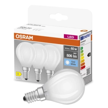 3x LED žárovka E14 P45 5.5W = 60W 806lm 4000K Neutrální bila 300° vlákno OSRAM BASE