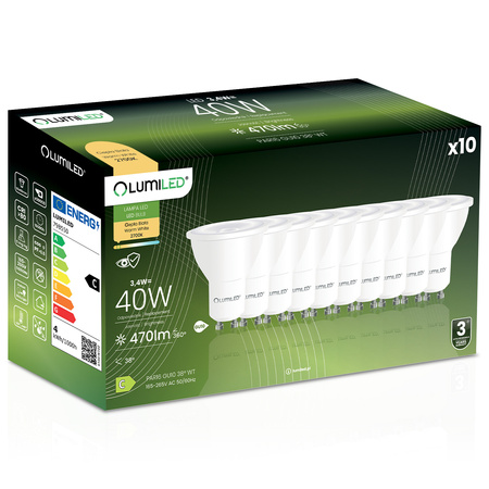 10x LED GU10 reflektor PAR16 3,4W = 40W 470LM 2700K teplý 38° LUMILED