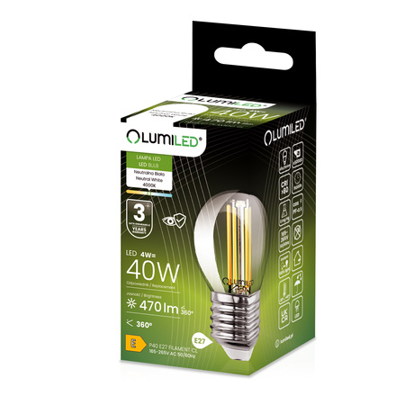 LED žárovka E27 P40 Filament 4W = 40W 470lm 4000K Neutral 360° LUMILED