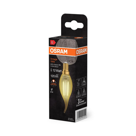 Dekorativní LED žárovka B36 Candle E14 1,5W = 12W 120lm 2400K Warm 300° Vintage 1906 Osram