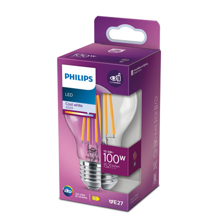 LED žárovka E27 A60 10.5W = 100W 1521lm 4000K Neutrální bila vlákno PHILIPS