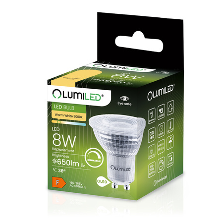 Žárovka LED GU10, 8W = 80W 650lm 3000K Teplá bílá 36° LUMILED Stmívatelná