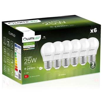 6x Žárovka LED E27, P40 2.5W = 25W 249lm 4000K Neutrální bílá 180° LUMILED