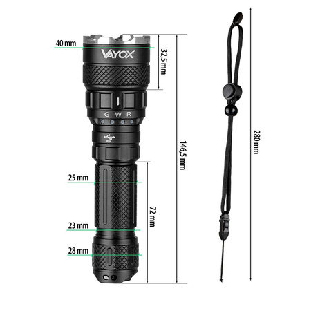 Taktická ruční svítilna Výkonná tříbarevná svítilna SST40 1500lm řady Pro VA0099 Vayox