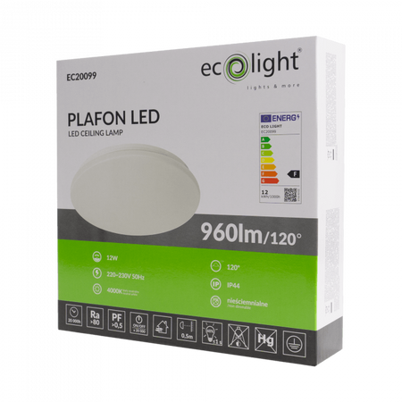 Stropní svítidlo Plafond LED 12W 960lm 4000K neutrální bílá IP44 Koupelna Ecolight