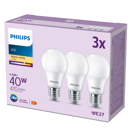 Sada 3x E27 A60 LED žárovka 4,9W = 40W 470lm 2700K Teplá 180° PHILIPS