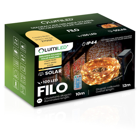 Solární Zahradní Světelný Řetěz 100x LED Dekorační Dráty 12m 2700K Teplá + DÁLKOVÉ OVLÁDÁNÍ FILO LUMILED
