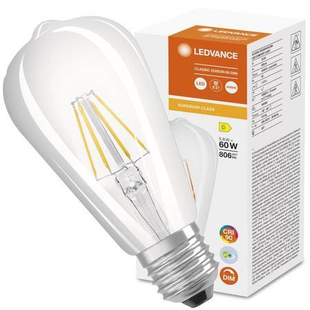 Edison LED žárovka E27 ST64 5.8W = 60W 806lm 4000K neutrální bílá 300° CRI90 vlákno stmívatelná Ledvance Superior