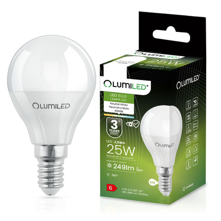 Žárovka LED E14, P40 2.5W = 25W 249lm 4000K Neutrální bílá 180° LUMILED