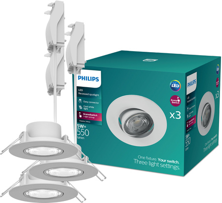 3x LED vestavné svítidlo 5W 550lm 4000lm neutrální bílá neutrální bílá pohyblivé kulaté bílé stmívatelná 3STEP SceneSwitch Cilantro Philips