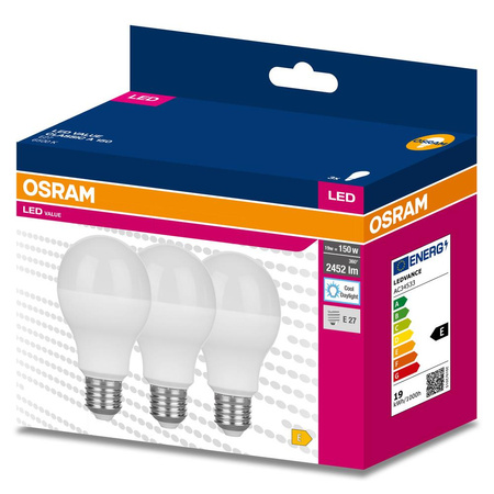 3x LED žárovka E27 A60 19W = 150W 2452lm 6500K Studená bílá 200° OSRAM HODNOTA