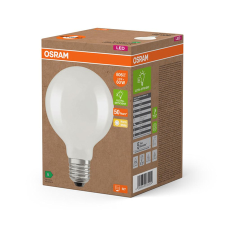 LED žárovka G95 Sphere E27 3,8W = 60W 806lm 2700K Warm 300° Filament CLASSIC ENERGETICKÁ ÚSPORNOST Osram