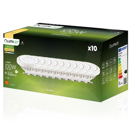10x Žárovka LED AR111, G53 15W = 100W 1521lm 3000K 12V Teplá bílá 38° LUMILED