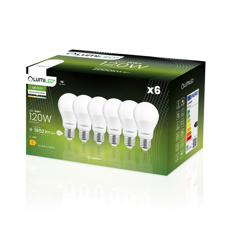 6x Žárovka LED A80, E27 18W = 150W 2500lm 3000K Teplá bílá 260° LUMILED