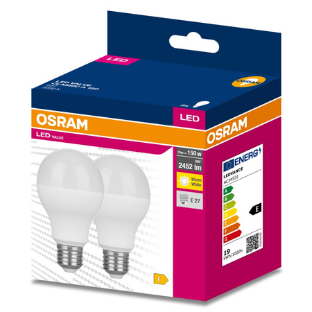 2x LED žárovka E27 A60 19W = 150W 2452lm 3000K Teplá bílá 200° OSRAM HODNOTA