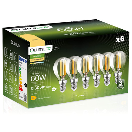 6x Žárovka LED Kulka P45, E14 7W = 60W 806lm 3000K Teplá bílá 360° Filament LUMILED