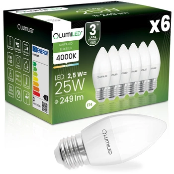 6x Žárovka LED E27, B35 2.5W = 25W 249lm 4000K Neutrální bílá 180° LUMILED