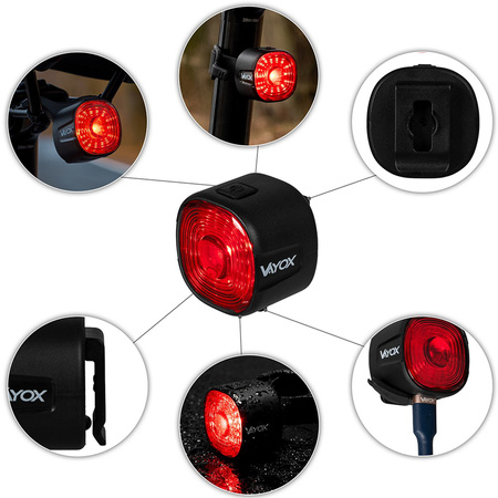 Zadní svítilna na kolo červená SMART USB-C 6 režimů IP66 POWERFUL VAYOX