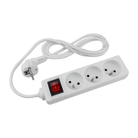 Síťový prodlužovací kabel Zástrčka - 3x zásuvka s uzemněním a vypínačem Napájecí lišta 1,5m 3x1mm 13A Bílá