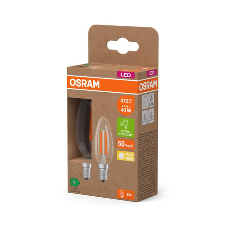 2x LED žárovka B35 Candle E14 2,2W = 40W 470lm 2700K Warm 320° 214lm/W CLASSIC ENERGY EFFICIENCY Osram