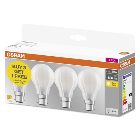 4x LED žárovka A60 B22d 6,5W = 60W 806lm 2700K Warm 300° BASE Osram