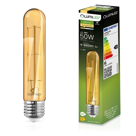 6X LED žárovka E27 T30 6W = 50W 660lm 3000K teplá bílá 360° Amber Filament LUMILED
