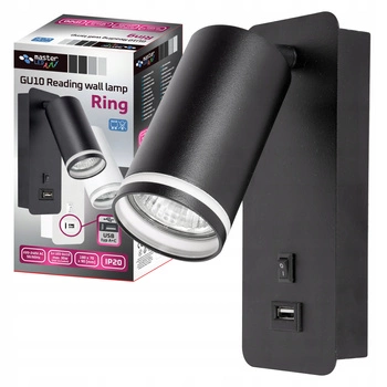 Nástěnné svítidlo GU10 RING s USB a vypínačem. černé
