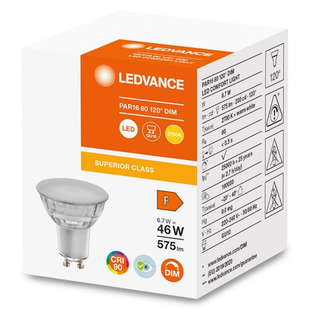 LED žárovka GU10 6.7W = 48W 575lm 2700K Teplá bílá 120° CRI90 Stmívatelné sklo LEDVANCE Superior