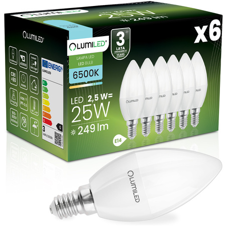 6x Žárovka LED Svíčka B35, E14 2.5W = 25W 249lm 6500K Studená bílá 180° LUMILED