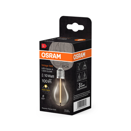 Dekorativní LED žárovka A60 E27 1,8W = 10W 100lm 2700K teplá bílá 320° vlákno Vintage 1906 Osram