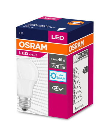 LED žárovka E27 A60 5.5W = 40W 470lm 6500K Studená bílá 240° OSRAM Hodnota