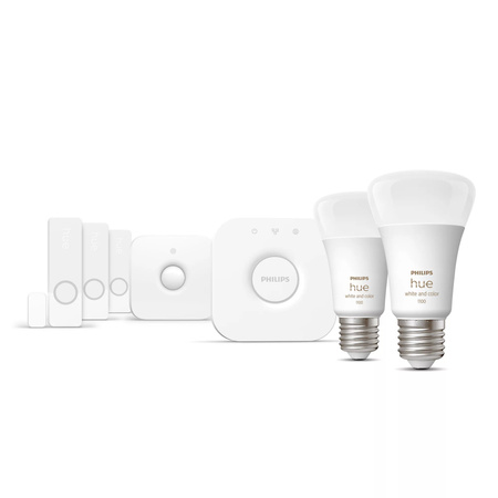 2x LED Žárovka E27 A60 9W CCT RGB + Mostek Hue Bridge + Pohybový senzor + 3PAK Kontaktní senzor Secure Sensor Philips Bluetooth Zigbee