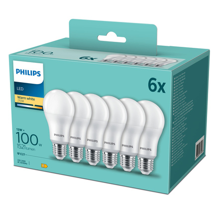 6x LED žárovka E27 13 W = 100 W 1521 lm 2700 K teplá bílá Philips