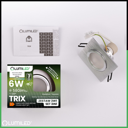 TRIX 3v1 GU10 6W 4000K Brushed Silver LUMILED čtvercové halogenové svítidlo k zapuštění do zdi