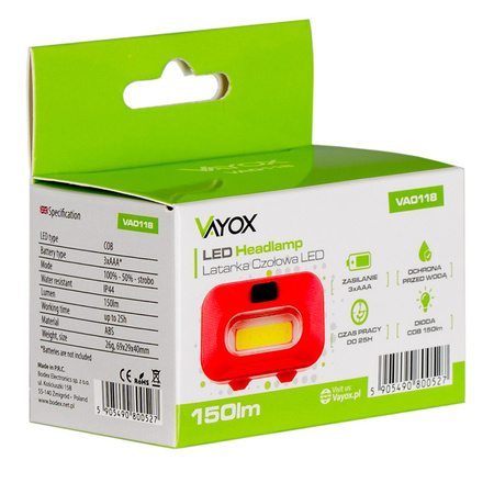 Bateriový červený světlomet COB IP44 150lm VA0118 Vayox