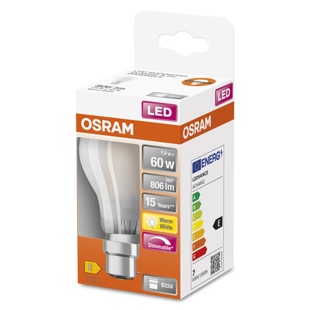 LED žárovka A60 B22d 7W = 60W 806lm 2700K teplá bílá 300° Dimmable Retrofit Filament CLASSIC Osram