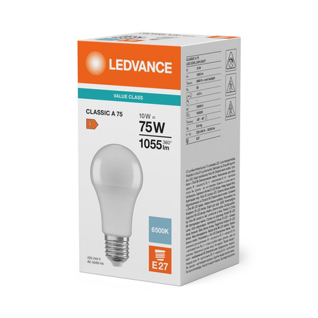 LED žárovka E27 A60 10W = 75W 1055lm 6500K studená bílá 180° Ledvance