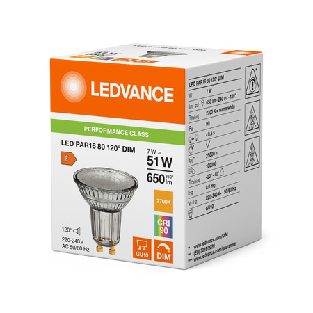 LED reflektorová žárovka GU10 PAR16 7W = 51W 650lm 2700K teplá 120° CRI90 stmívatelná Ledvance