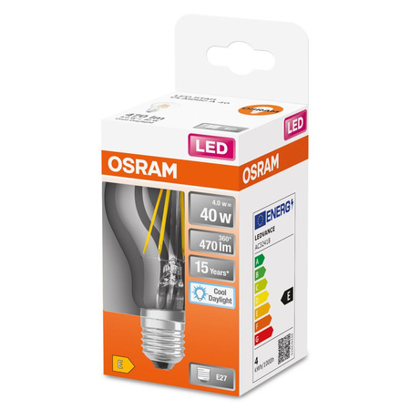 LED žárovka E27 A60 CL 4W = 40W 470lm 6500K Studená bílá 300° vlákno OSRAM STAR