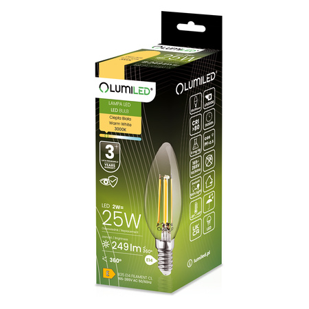 LED žárovka E14 B35 2W = 25W 249lm 3000K teplá bílá 360° Filament LUMILED