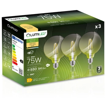 3x Dekorativní Kulatá Žárovka LED E27, G95 8W = 75W 880lm 3000K Teplá bílá 360° Filament Globe LUMILED