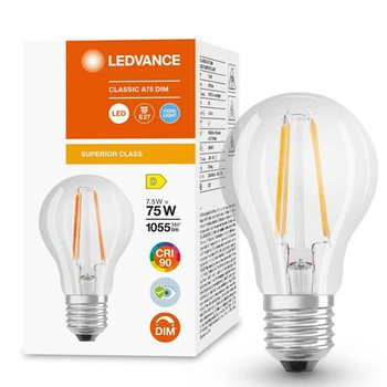 LED žárovka E27 A60 7.5W = 75W 1055lm 4000K Neutrální bila 300° CRI90 Stmívatelné vlákno LEDVANCE Superior