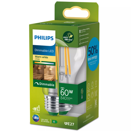LED žárovka E27 A60 4W = 60W 840lm 210lm/W 2700K Warm 300° Dimmable CLASS A UltraEfficient Philips