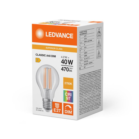 LED žárovka A60 E27 4,2W = 40W 470lm 2700K Teplá bílá FILAMENTNÍ STMÍVATELNÁ LEDVANCE
