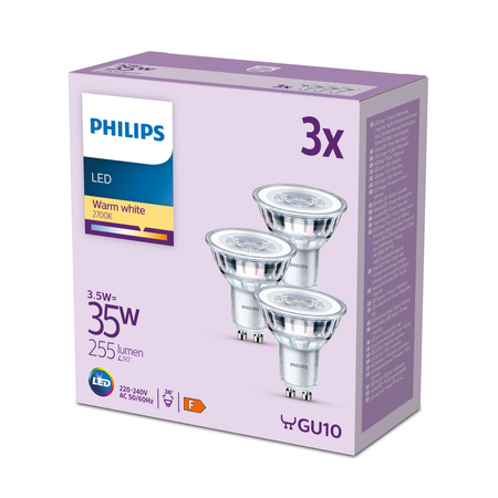 Sada 3x LED halogenová žárovka GU10 PAR16 3,5W = 35W 255lm 2700K Teplá 36° PHILIPS