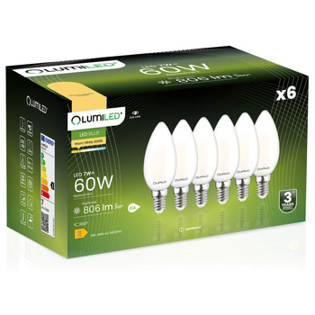 6x LED CANDLE Žárovka B35 E14 7W = 60W 806lm 3000K Teplá bílá 360° Filament Mléčná LUMILED