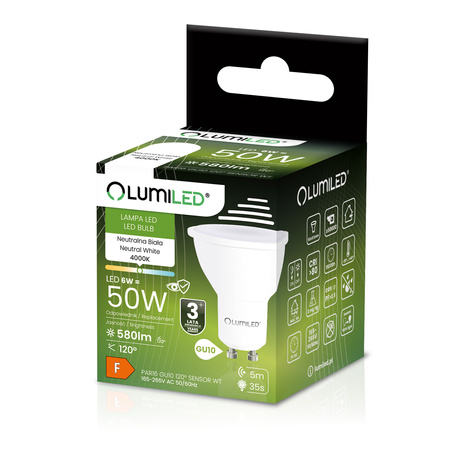 LED GU10 reflektor PAR16 6W = 50W 580LM 4000K neutrální bílá 120° se senzorem pohybu LUMILED